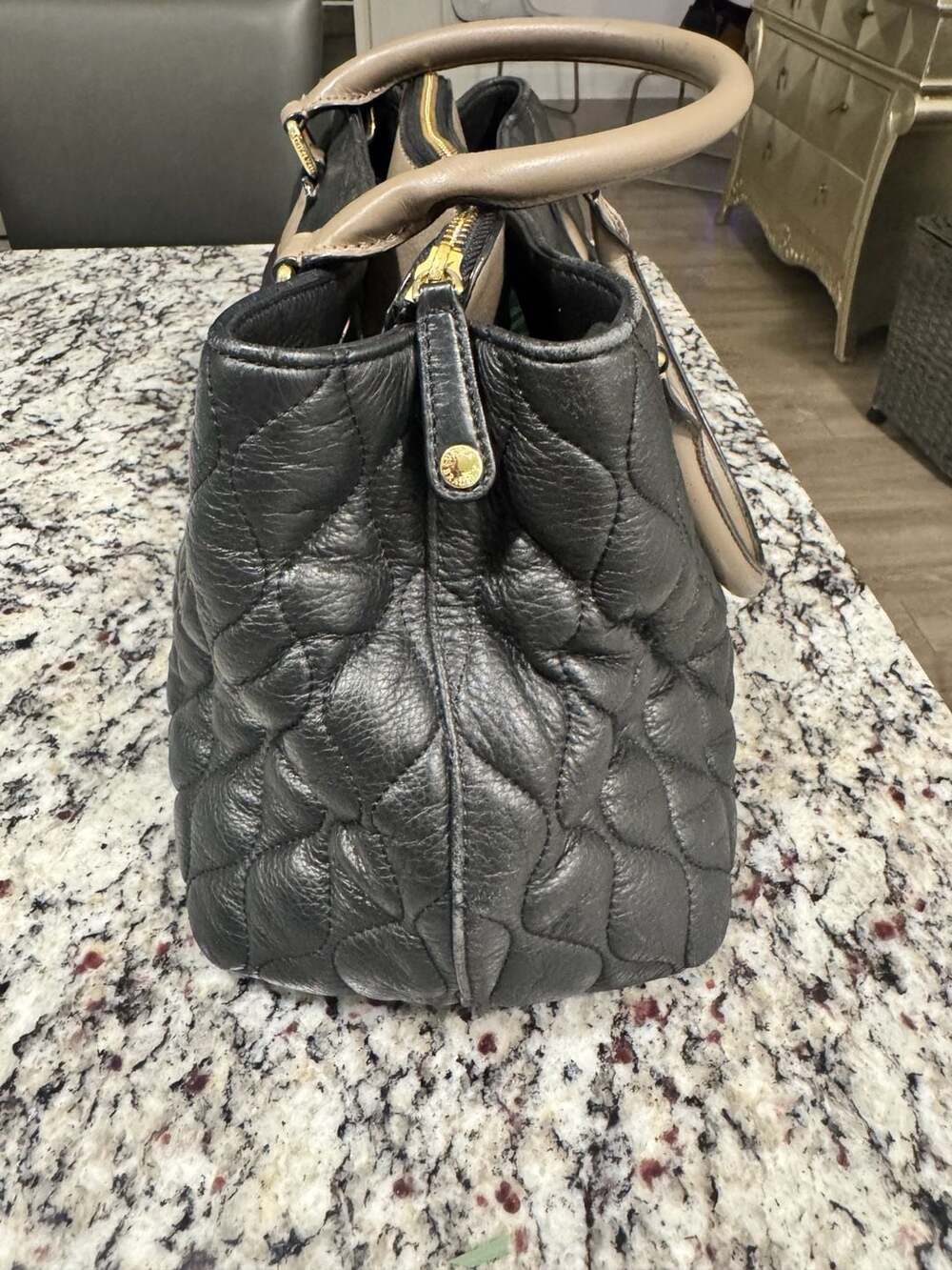 Vera Bradley Quilted Leather Satchel Tote Black Taupe Floral Lining - Picture 3 of 10
